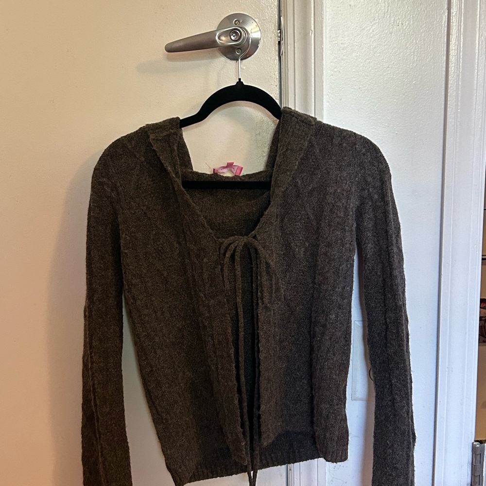 Edikted Brown Hooded Tie-Front Knit Cardigan
